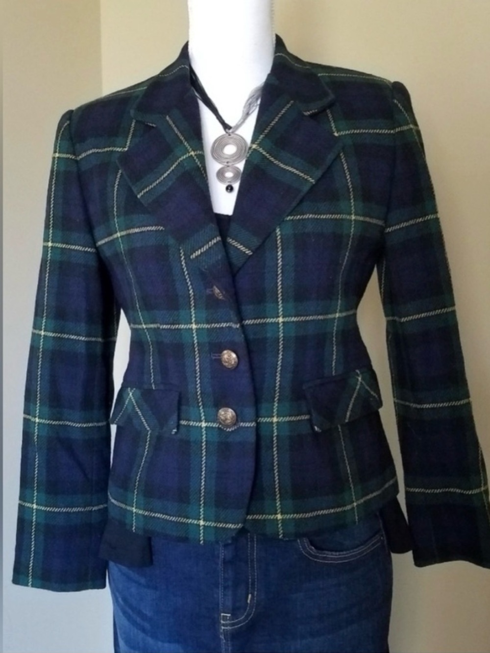 Petite Wool Preppy Navy Blue & Green Plaid Modiano Blazer Vintage